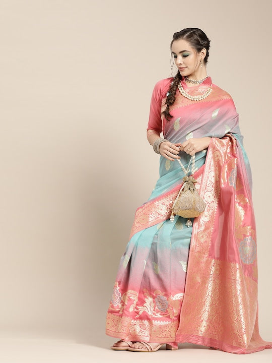 Pink & Blue Floral Dyed Banarasi Sarees