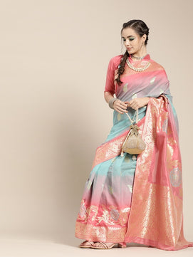 Pink & Blue Floral Dyed Banarasi Sarees