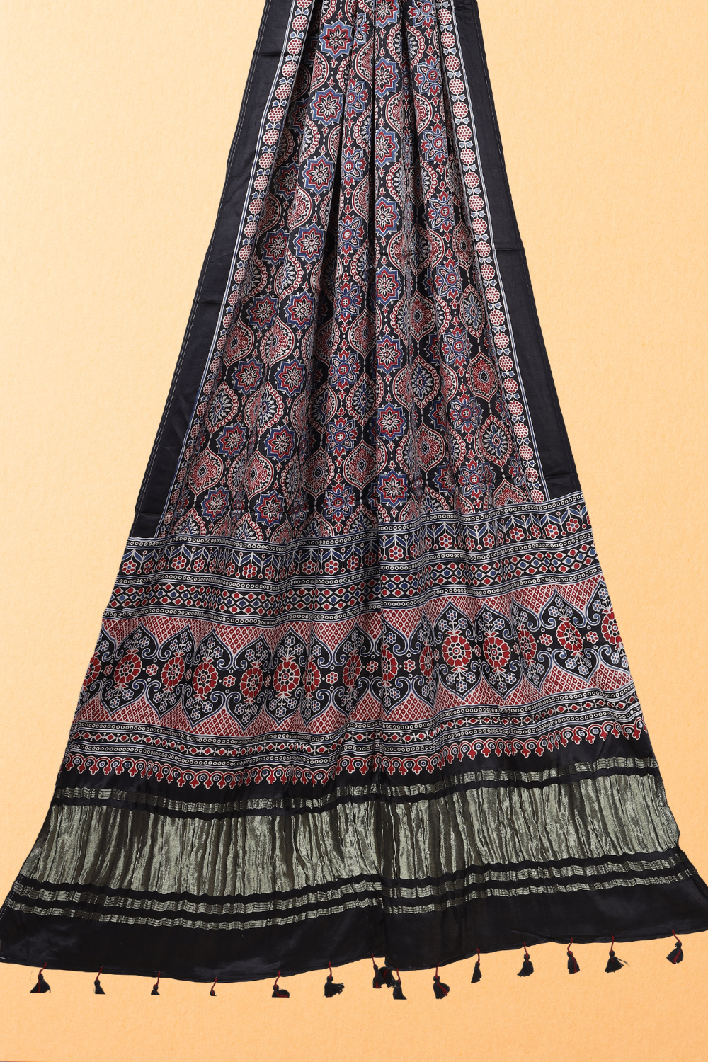 Shaan: Ajrakh Modal Silk Zari Dupatta With Tassels