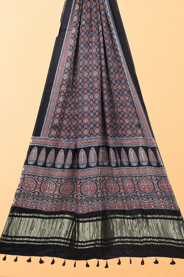 Shaan: Ajrakh Modal Silk Zari Dupatta With Tassels