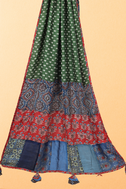 Rangat: Ajrakh Modal Silk Applique Work Dupatta With Tassels