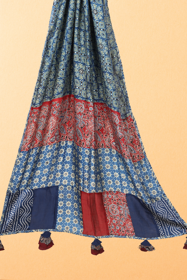 Rangat: Ajrakh Modal Silk Applique Work Dupatta With Tassels