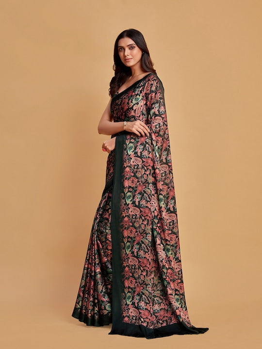 Charcoal & Pink Floral Printed Satin Saree