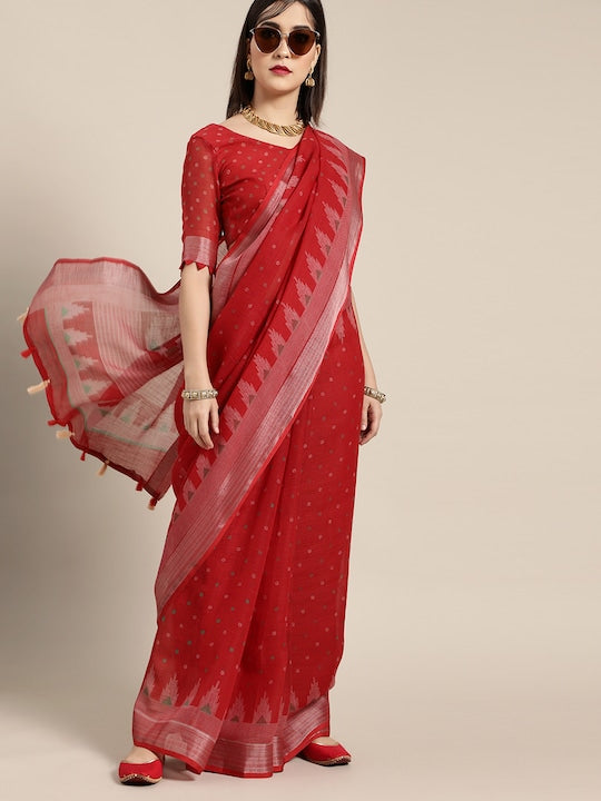 Blazing Red Linen Blend Saree