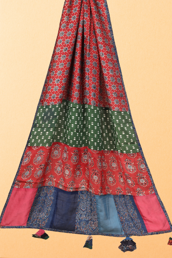 Rangat: Ajrakh Modal Silk Applique Work Dupatta With Tassels