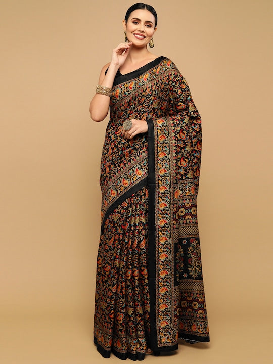 Black & Orange Floral Saree