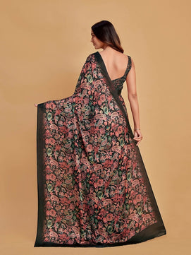 Charcoal & Pink Floral Printed Satin Saree