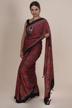 Aarambh: Ajrakh Handblock Modal Silk Saree With Tassels