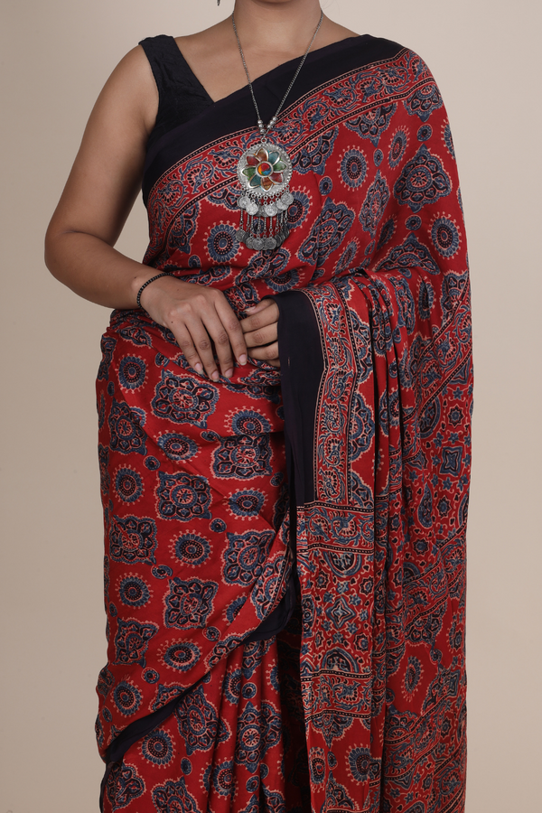 Aarambh: Ajrakh Handblock Modal Silk Saree With Tassels