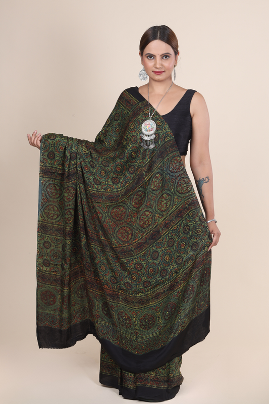 Aarambh: Ajrakh Handblock Modal Silk Saree