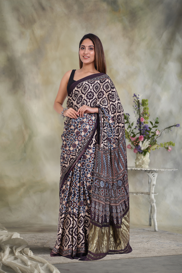 Zari Odyssey: Ajrakh Zari Modal Silk Saree