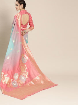 Pink & Blue Floral Dyed Banarasi Sarees