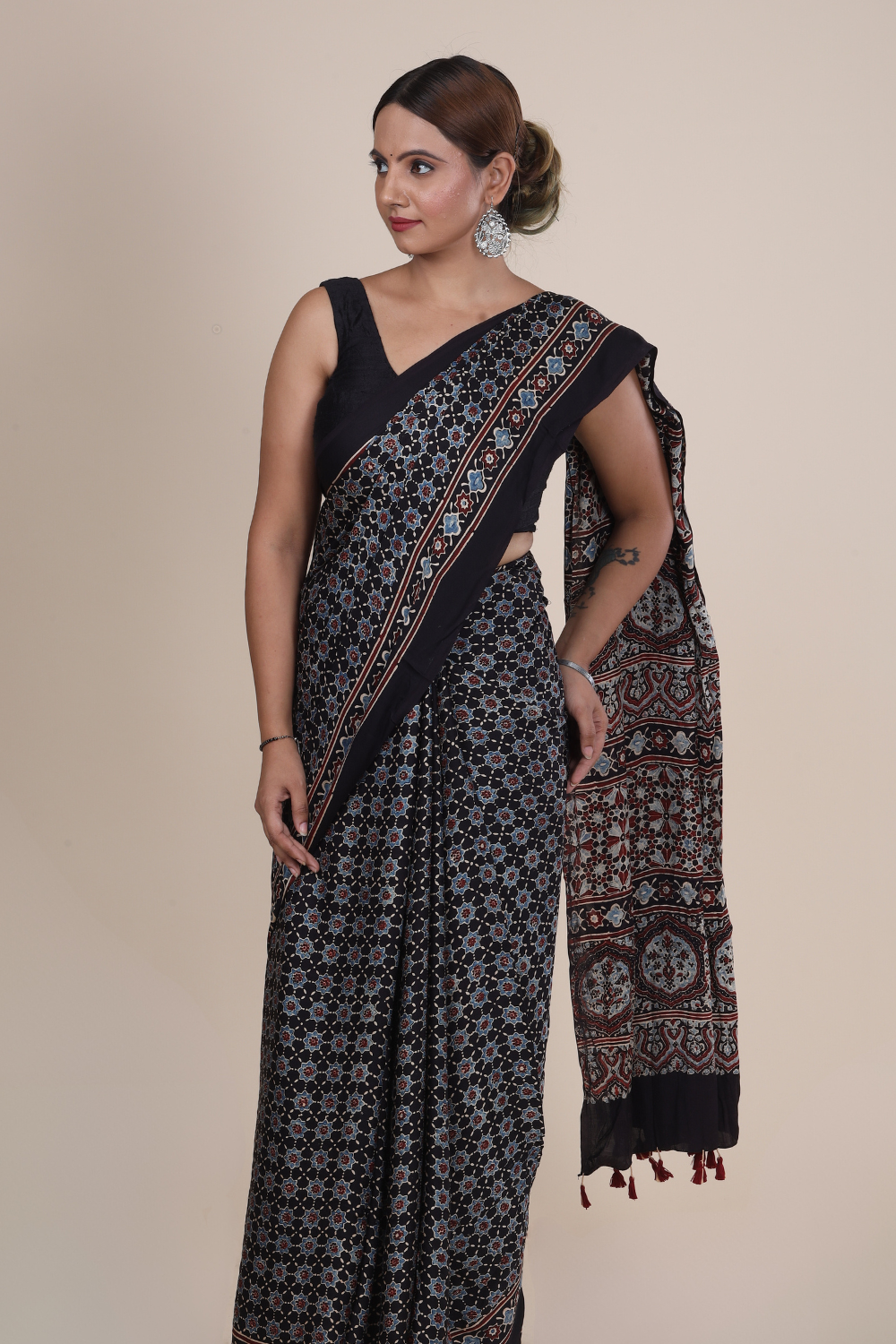 Aarambh: Ajrakh Handblock Modal Silk Saree With Tassels