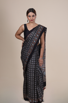 Aarambh: Ajrakh Handblock Modal Silk Saree With Tassels