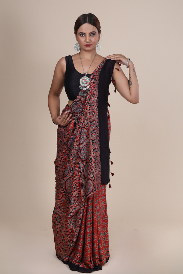 Aarambh: Ajrakh Handblock Modal Silk Saree With Tassels