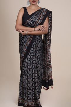 Aarambh: Ajrakh Handblock Modal Silk Saree With Tassels