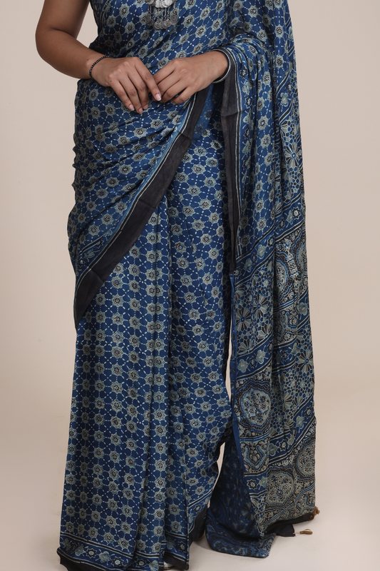 Aarambh: Ajrakh Handblock Modal Silk Saree