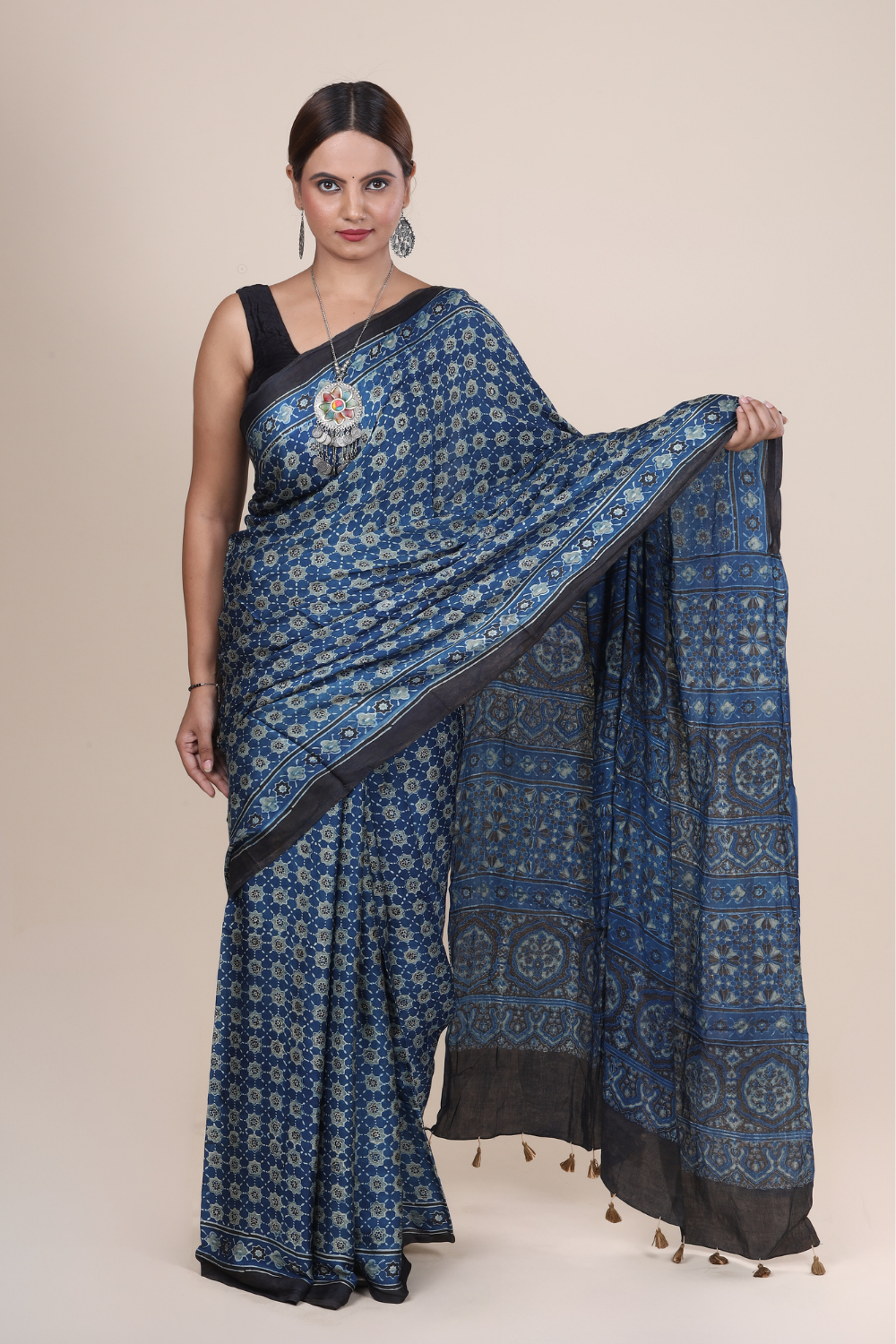 Aarambh: Ajrakh Handblock Modal Silk Saree