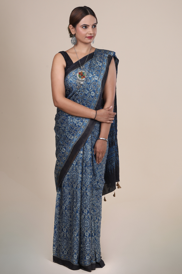 Aarambh: Ajrakh Handblock Modal Silk Saree With Tassels