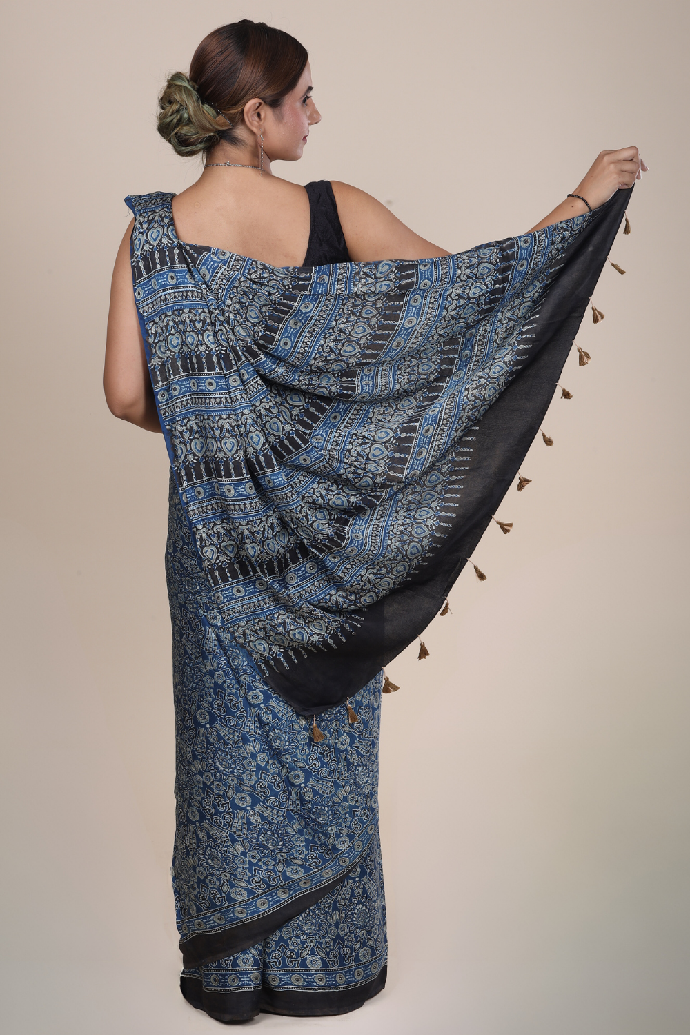 Aarambh: Ajrakh Handblock Modal Silk Saree With Tassels