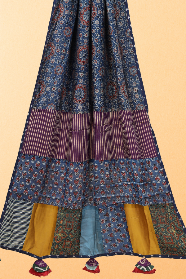 Rangat: Ajrakh Modal Silk Applique Work Dupatta With Tassels