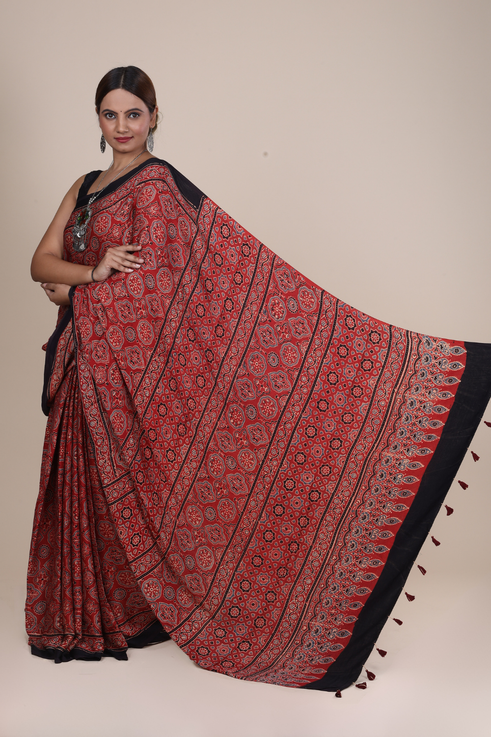 Aarambh: Ajrakh Handblock Modal Silk Saree With Tassels