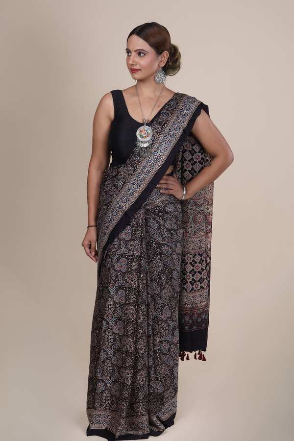 Aarambh: Ajrakh Handblock Modal Silk Saree With Tassels