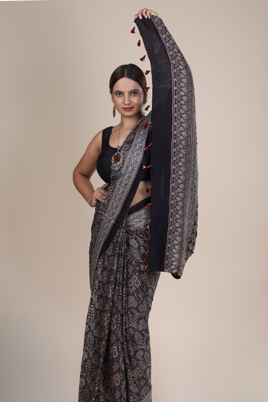 Aarambh: Ajrakh Handblock Modal Silk Saree With Tassels