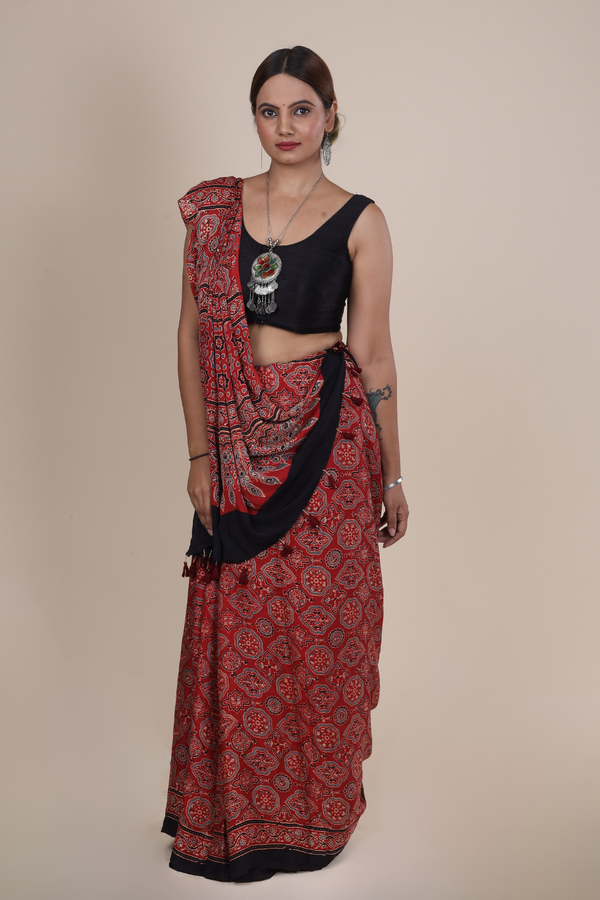 Aarambh: Ajrakh Handblock Modal Silk Saree With Tassels