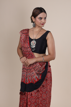 Aarambh: Ajrakh Handblock Modal Silk Saree With Tassels