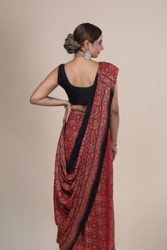 Aarambh: Ajrakh Handblock Modal Silk Saree With Tassels