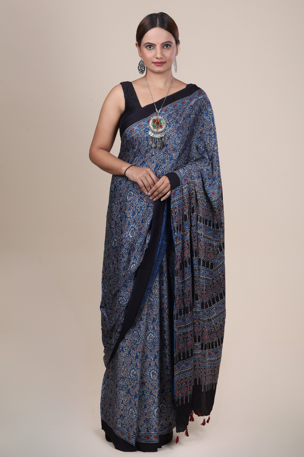 Aarambh: Ajrakh Handblock Modal Silk Saree With Tassels