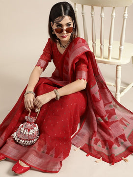 Blazing Red Linen Blend Saree