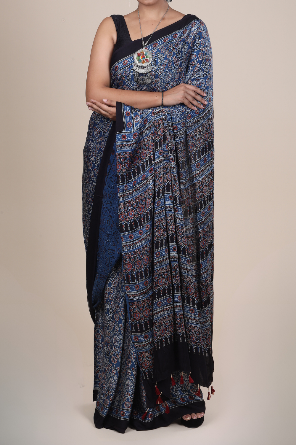 Aarambh: Ajrakh Handblock Modal Silk Saree With Tassels