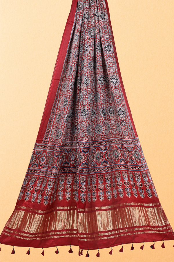 Shaan: Ajrakh Modal Silk Zari Dupatta With Tassels