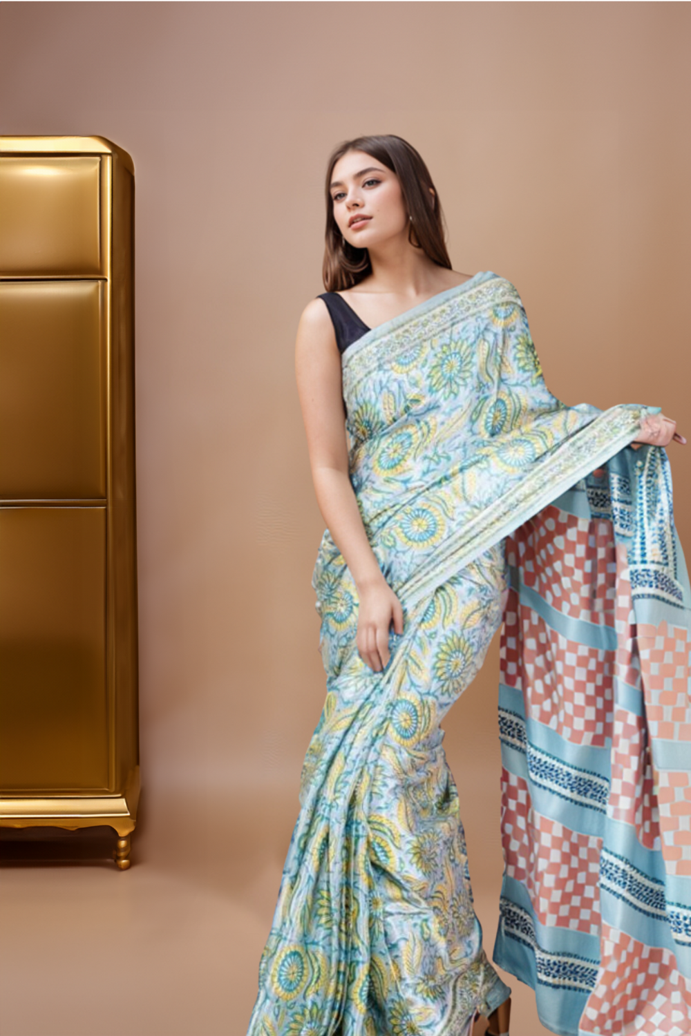 Sapphire: Ajrakh Handblock Italian Crepe Designer Saree