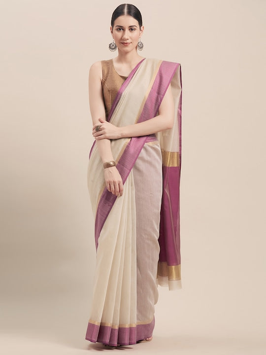 Beige & Purple Cotton Blend Woven Design Saree