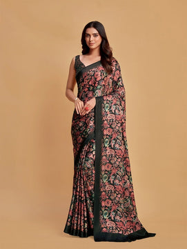 Charcoal & Pink Floral Printed Satin Saree