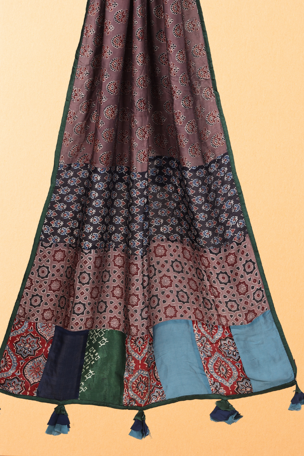 Rangat: Ajrakh Modal Silk Applique Work Dupatta With Tassels
