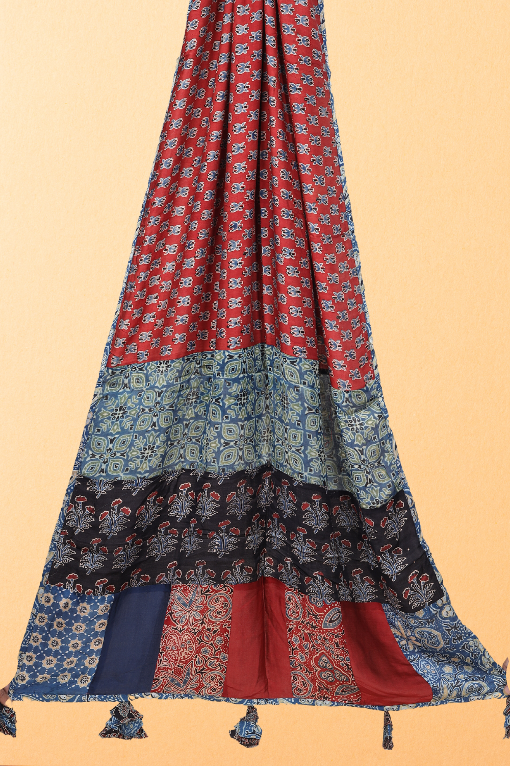 Rangat: Ajrakh Modal Silk Applique Work Dupatta With Tassels