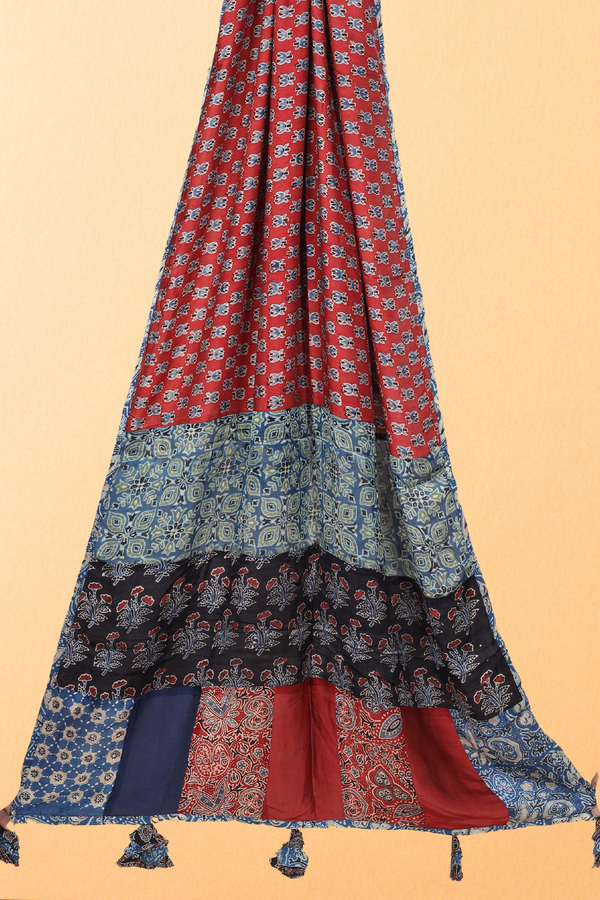 Rangat: Ajrakh Modal Silk Applique Work Dupatta With Tassels