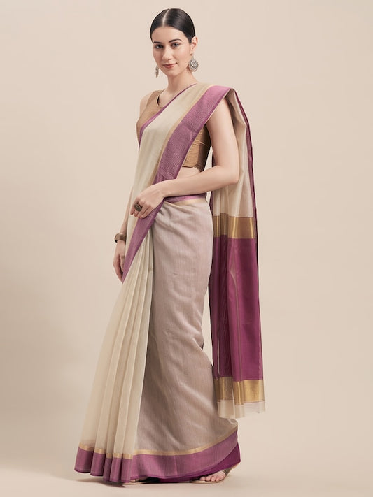 Beige & Purple Cotton Blend Woven Design Saree