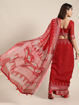 Blazing Red Linen Blend Saree