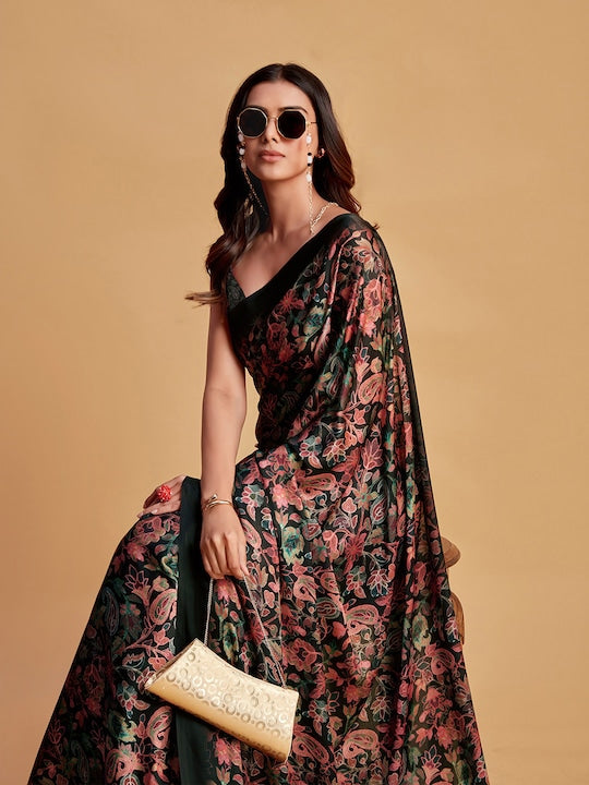 Charcoal & Pink Floral Printed Satin Saree