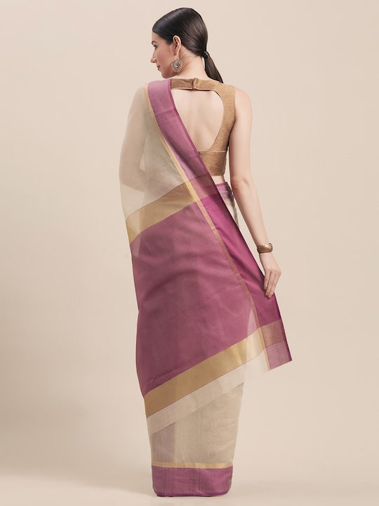 Beige & Purple Cotton Blend Woven Design Saree